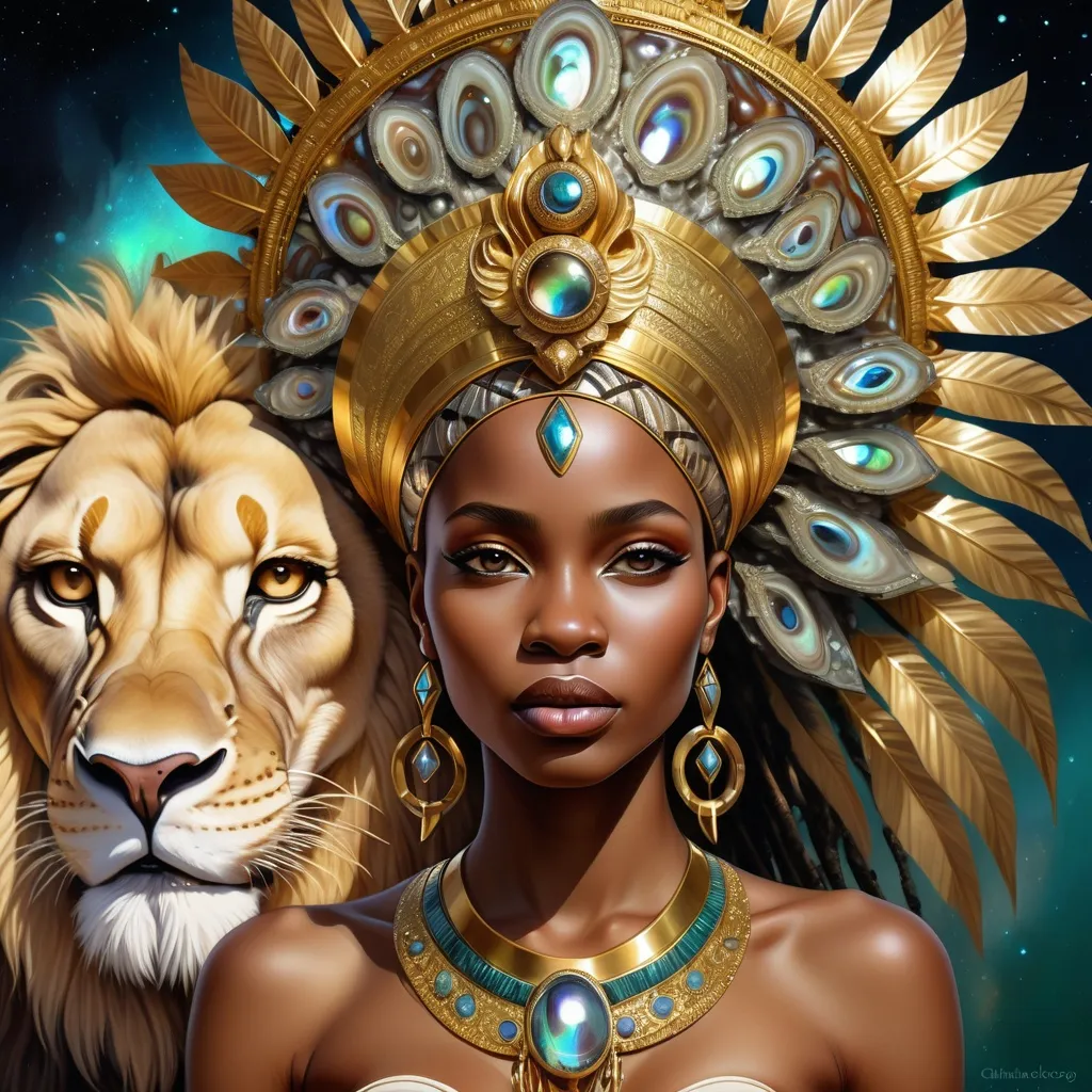 Prompt: Gorgeous Swahili goddess from south Africa with an ornate regal jeweled gold lion abalone headdress and a lion behind her, , Chinwe Chukwuogo-Roy, afrofuturism, highly detailed digital painting, a photorealistic painting