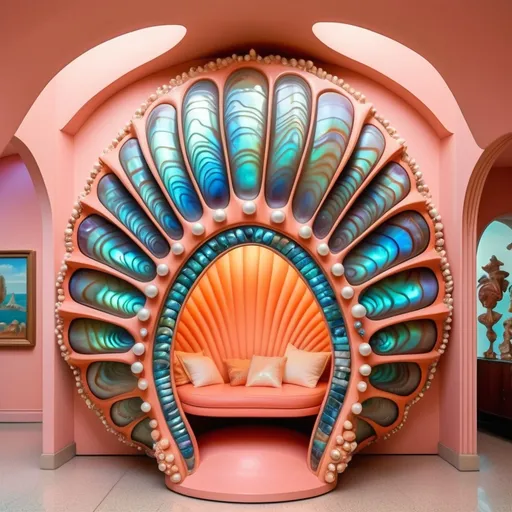 Prompt: a very large peach scallop shell house with a walkway leading to it , David LaChapelle, art deco, exotic psychedelic trippy fantastically gaudy, an art deco sculpture as a Sandro Botticelli painting featuring abalone and pearls and opals and coral