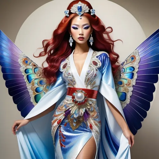 Prompt: Divine Angelic gorgeous feminine goddess Polynesian Hawaiian Balinese Thai Japanese geisha miss japan miss universe extravagant costume with vibrant red styled hair and purple eyes in zuhair Murad beaded fitted kimono gown in embellished pearly white blue gold navy indigo Abalone pastel blue luminous blue topaz platinum silver chrome white pearl opal diamond Swarovski crystal as a Sandro Botticelli full body painting with large Cartier green large royal floral jewels and mother of pearl and green psychedelic abalone emerald chartreuse headdress