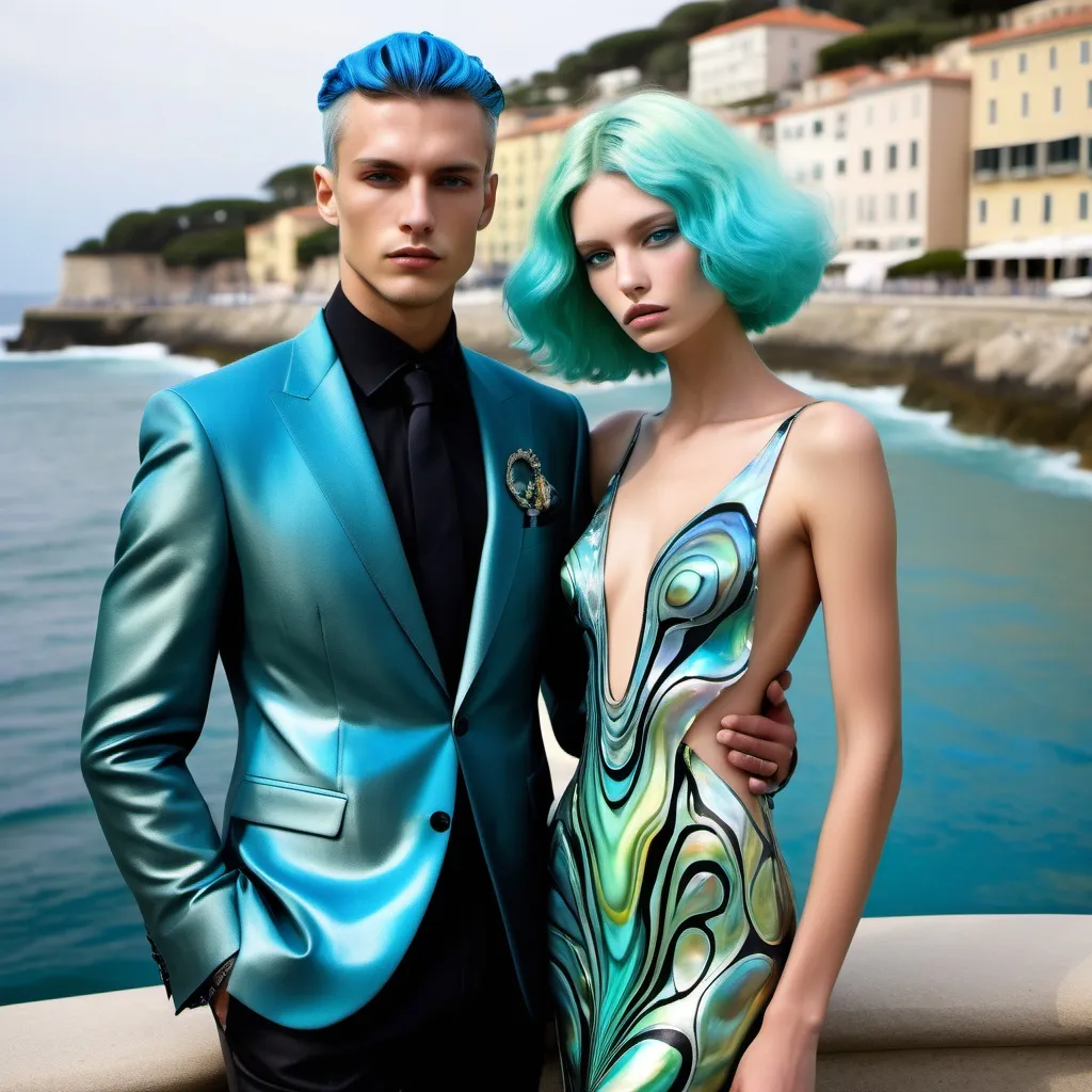 Prompt: a handsome male Catalan polish swedish male model with blue hair and blue abalone Armani silk suit and a Monaco Bulgarian swedish French gorgeous female model with aqua hair and lavish cartier with whimsical gorgeous extravagant aestheticism,  featuring blue abalone and Mother of pearl and chartreuse  turquoise black Prada Armani emilio pucci Valentino fitted silk gown as a Sandro Botticelli portrait painting with Polynesian Cartier white  abalone headdress with green opals