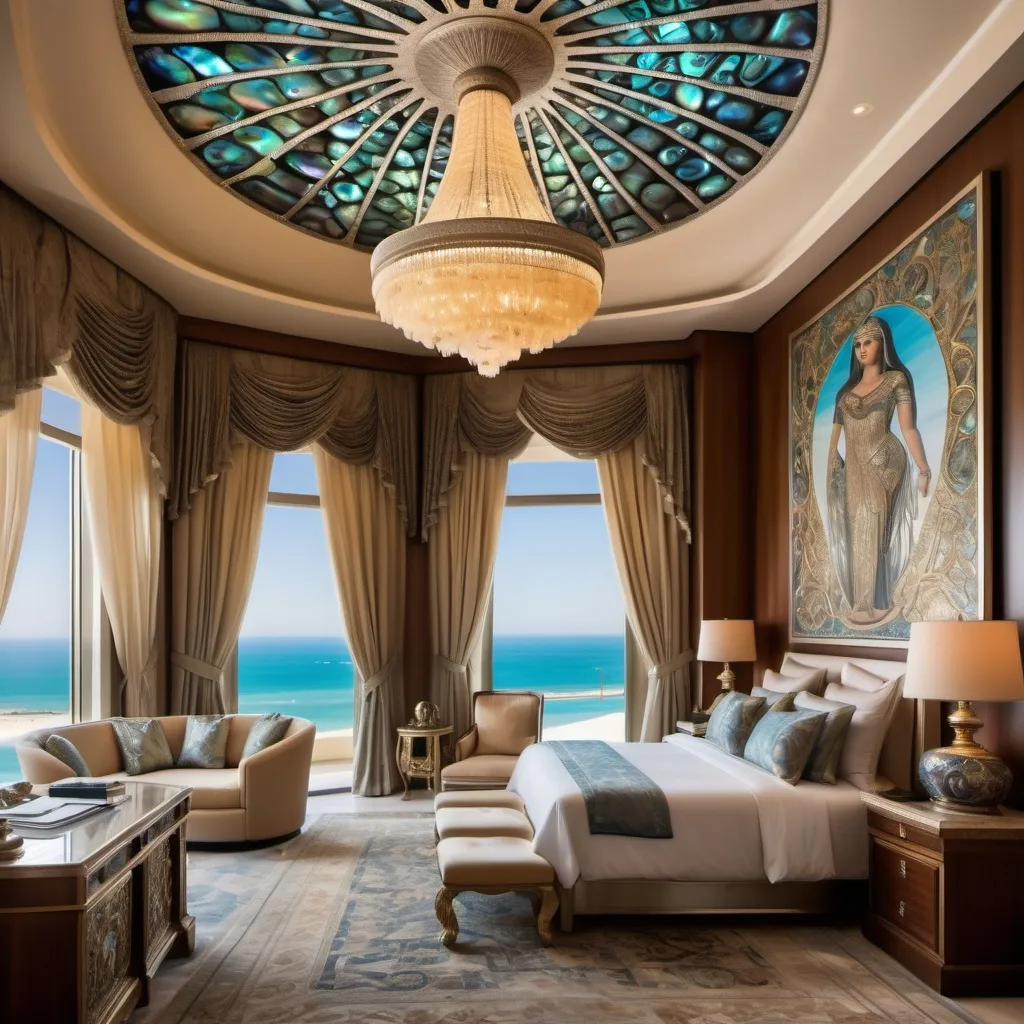 Prompt: Egyptian Dubai royal Mediterranean Balinese office bedroom covered in platinum abalone and abalone silk and as a Sandro Botticelli painting with elaborate abalone chandeliers and high ceilings and ocean views