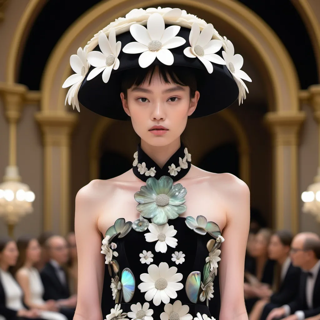 Prompt: Monaco female model with flowers  hat on her head with a white flower, whimsical gorgeous Chen Lu, aestheticism, flowers, portrait featuring abalone and Mother of pearl and black Valentino fitted gown full length body photo on runway