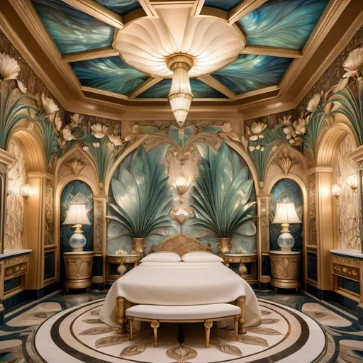 Prompt: Large 3d elaborate Royal cartier diamond lotus leafs with abalone lotus flowers in Monaco palm beach 1929's ornate luxury Egyptian mansion spa room with papyrus flowers as a  Sandro Botticelli painting