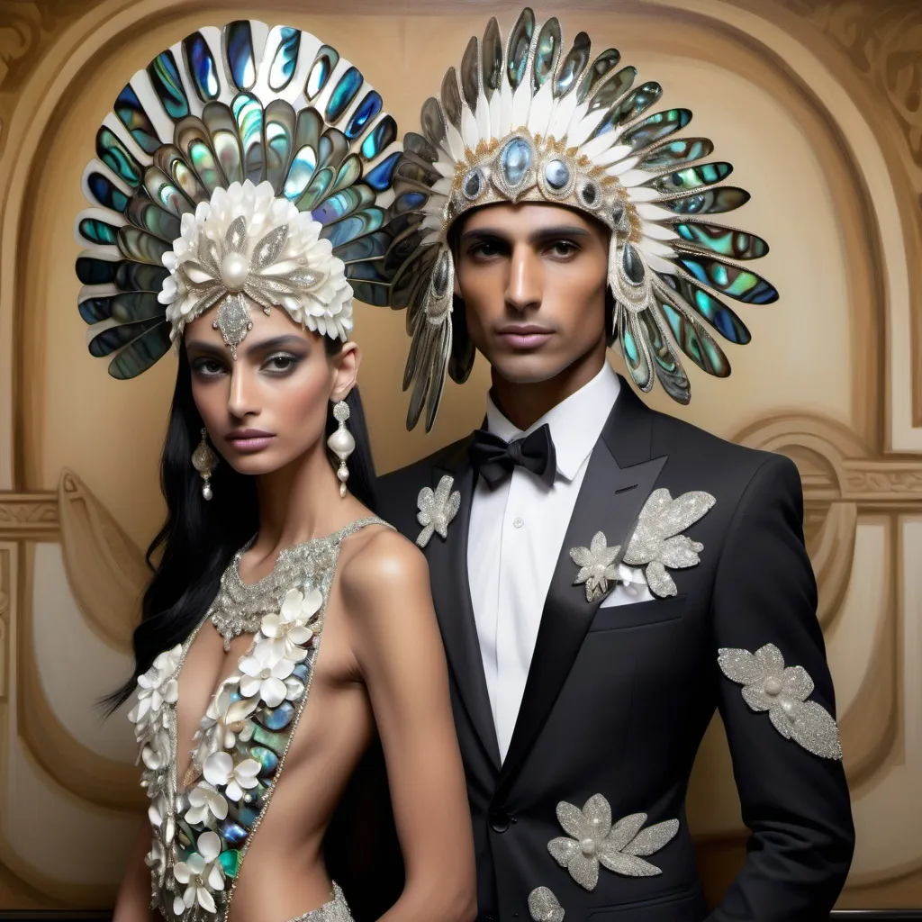 Prompt: Elaborate jewel beaded abalone Armani suit Swarovski black and white on a masculine Monaco Indian Dubai Egyptian male model at casino posing with a slender gorgeous French swedish Indian showgirl with elegant pearl abalone headdress shaped like micro orchids as a Sandro Botticelli couple painting