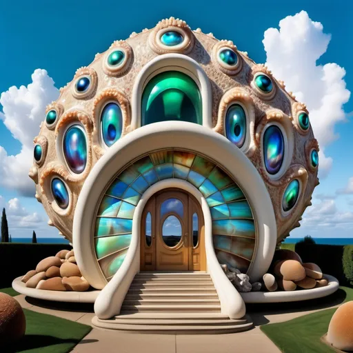 Prompt: a very large shell house with a walkway leading to it and a sky background with clouds and blue sky above, David LaChapelle, art deco, fantastically gaudy, an art deco sculpture as a Sandro Botticelli painting featuring abalone and pearls and emeralds