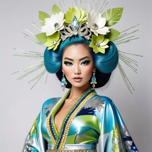 Prompt: Divine Angelic gorgeous feminine goddess Polynesian Hawaiian Balinese Thai Japanese geisha miss japan miss universe extravagant costume with vibrant turquoise styled hair and green eyes in zuhair Murad beaded fitted kimono gown in embellished pearly white blue gold chartreuse lime green navy indigo pastel blue luminous blue topaz platinum silver chrome white pearl opal diamond Swarovski crystal as a Sandro Botticelli full body painting with large Cartier royal floral jewels and mother of pearl and white abalone aquamarine emerald citronite chartreuse micro orchid headdress with pearls blue lotus