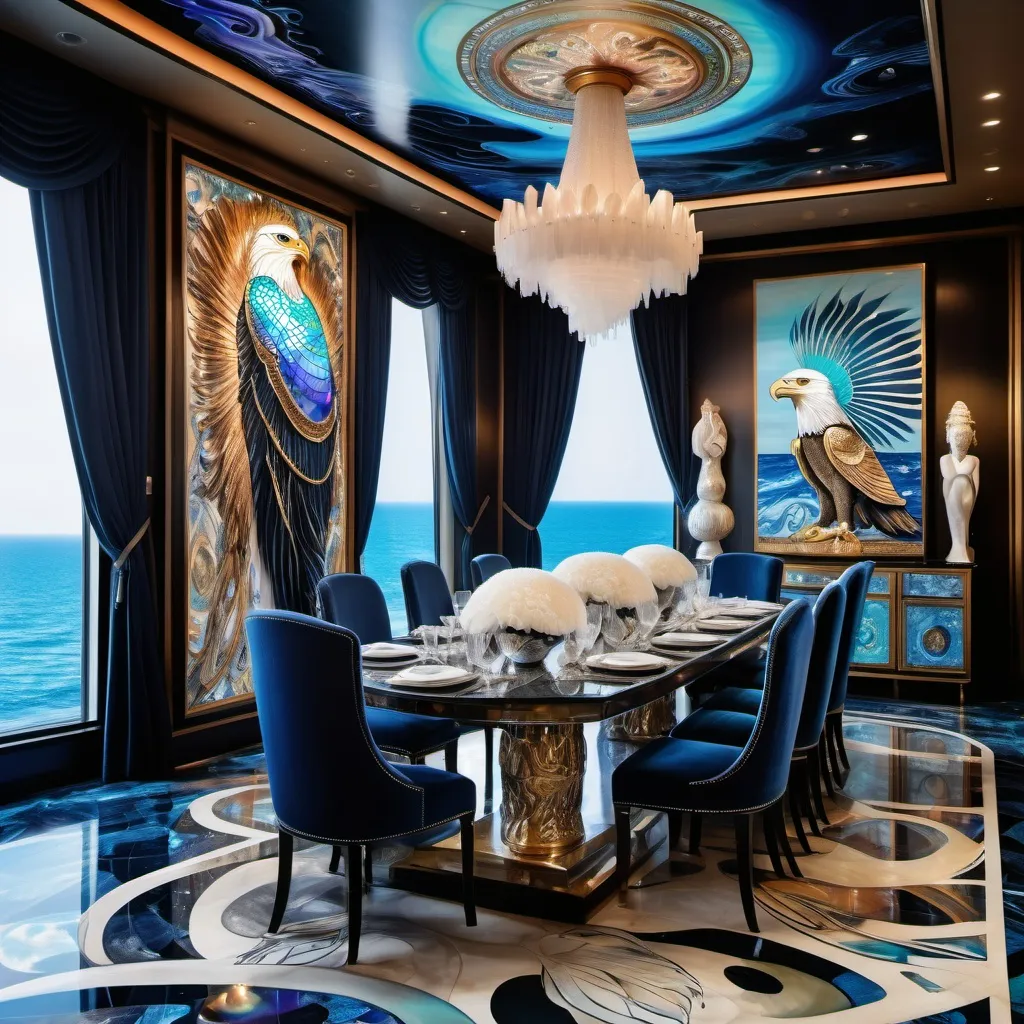 Prompt: 1920's Indian psychedelic Elaborate jewel beaded abalone eagle feathers murals Swarovski black and white and blue and indigo Monaco Indian Dubai Egyptian  yacht dining room with ocean view windows and elegant pearl abalone decor and tall micro orchids as a Sandro Botticelli painting interior design with abalone fire opal floor and large elaborate eagle statue made of fire opal and abalone