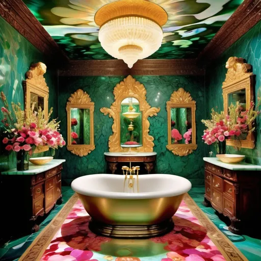 Prompt: An extravagant Turkish vibrant colorful exotic floral Mediterranean Portuguese Balinese Indian luxury mansion spa room that has pearls showering from the ceiling into a fountain and abalone jade sapphire emerald opal covered walls and mother of pearl abalone gold floors and micro orchids and Cartier roses as a Sandro Botticelli painting