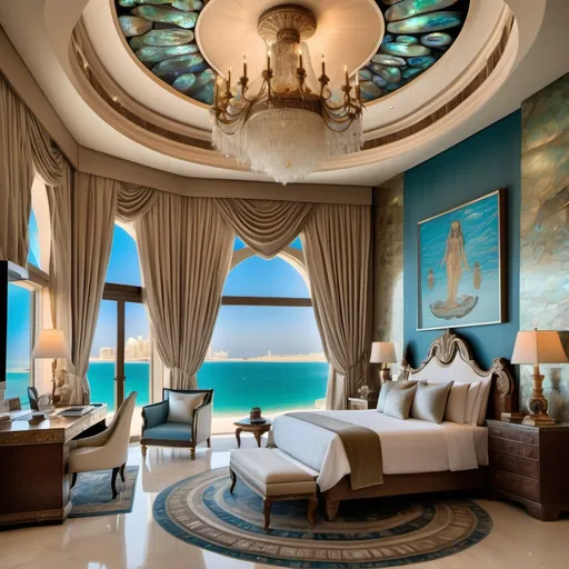 Prompt: Egyptian Dubai royal Mediterranean Balinese office bedroom covered in platinum abalone and abalone silk and as a Sandro Botticelli painting with elaborate abalone chandeliers and high ceilings and ocean views