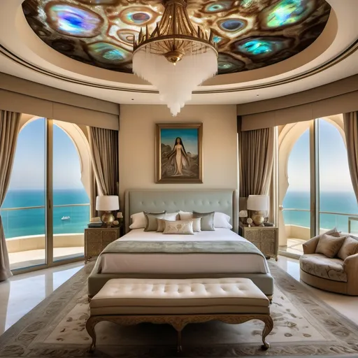 Prompt: Egyptian Dubai royal Mediterranean Balinese penthouse bedroom covered in abalone and abalone silk and as a Sandro Botticelli painting with elaborate abalone chandeliers and high ceilings and ocean views