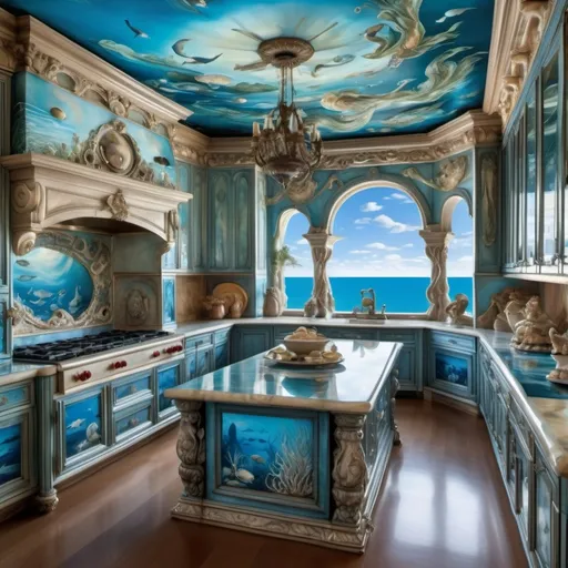 Prompt: mother of pearl whimsical Renaissance enchanted ocean view Atlantis kitchen in extravagant underwater mansion as a Sandro Botticelli painting with dreamy blue hues