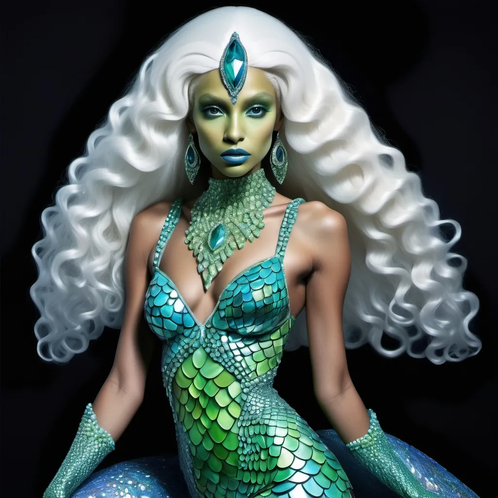 Prompt: Alien martian dreamy cosmic genie Indian  extraterrestrial platinum blue hair and bright green alien dragon scale mermaid scale skin texture with aqua eyes in zuhair Murad beaded fitted embellished pearly white luminous platinum silver chrome blue white pearl opal diamond Swarovski crystal costume gown as a Sandro Botticelli full body cosmic planetary Star Trek Green alien goddess dancer painting with large Cartier royal jewels and mother of pearl milky way  themed