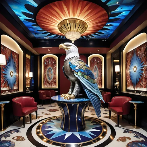 Prompt: 1920's Indian psychedelic Elaborate jewel beaded abalone eagle feathers murals Swarovski black and white and blue and indigo Monaco Indian Dubai Egyptian fine dining casino bar with high ceilings and elegant pearl abalone decor and tall micro orchids as a Sandro Botticelli painting interior design with red star beams Swarovski accents and blue watercolor abalone marble floor and eagle statue made of fire opal and abalone