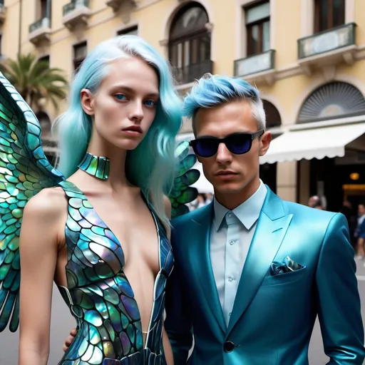 Prompt: a handsome male Catalan polish swedish divine sacred male model with blue hair and blue abalone Armani silk suit and iris van herpen arch Angel Michael wings a Monaco Bulgarian swedish French gorgeous female model with aqua hair and lavish cartier with whimsical gorgeous extravagant aestheticism,  featuring blue abalone and Mother of pearl and chartreuse  turquoise black Prada Armani emilio pucci Valentino fitted Balinese Amazonian silk gown as a Sandro Botticelli portrait painting with large Balinese Polynesian Cartier white  abalone headdress with green opals