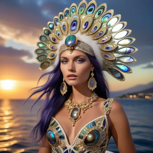 Prompt: a Monaco Bulgarian swedish French gorgeous female model with navy hair and lavish cartier with whimsical gorgeous extravagant  exotic aestheticism,  featuring violet white platinum gold abalone and Mother of pearl vibrant beaded zuhair Murad  ornate Swarovski abalone gown as a Sandro Botticelli island goddess sunset oceanic yacht painting with large Balinese Polynesian Cartier gold  headdress with green abalone