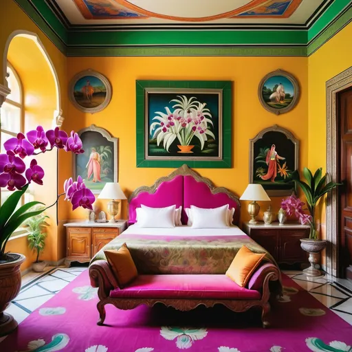 Prompt: Bright vibrant indian silks in a colorful Jaipur India royal exotic mansion bedroom with orchids and tropical flowers admirals on the walls as a Sandro Botticelli painting