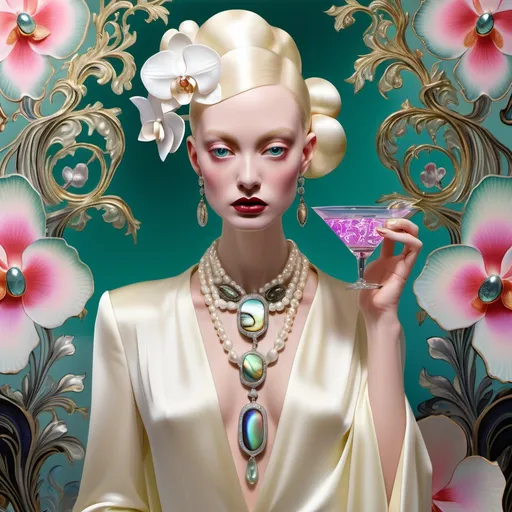 Prompt: Cartier Gatsby extravagant luxury 1990's 1920's  chinoiserie white shiny luminous abalone mother of pearl elaborate silk white platinum gold penthouse martini bar room with micro orchids with yellow coral green abalone and featuring pink violet jade chartreuse pearl diamond blue black and floral calligraphy art as a Sandro Botticelli painting in transcendent psychedelic style