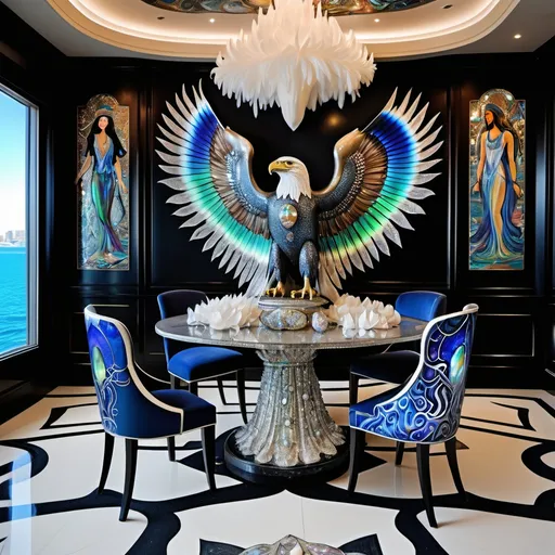 Prompt: 1920's Indian psychedelic Elaborate jewel beaded abalone eagle feathers murals Swarovski black and white and blue and indigo Monaco Indian Dubai Egyptian  yacht dining room with ocean view windows and elegant pearl abalone decor and tall micro orchids as a Sandro Botticelli painting interior design with abalone fire opal floor and large elaborate eagle statue made of fire opal and abalone