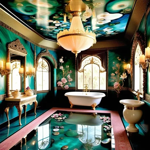 Prompt: An extravagant Turkish vibrant exotic floral Mediterranean Portuguese Balinese Indian luxury mansion spa room that has pearls showering from the ceiling into a fountain and abalone jade sapphire emerald opal covered walls and mother of pearl abalone gold floors and micro orchids and Cartier roses as a Sandro Botticelli painting