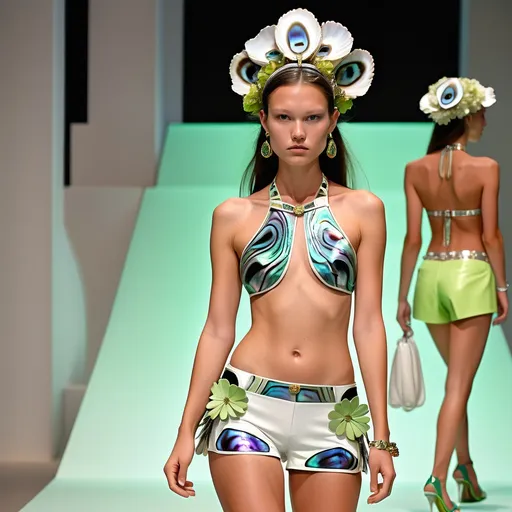 Prompt: Monaco Bulgarian swedish female model with cartier in whimsical gorgeous Chen Lu style, with extravagant aestheticism,  featuring abalone and Mother of pearl and black aqua yellow gold silver violet chrome chartreuse emilio pucci Valentino fitted halter top and fitted white abalone shorts as a full length body photo on runway with floral sandals and Polynesian Cartier micro orchid abalone headdress with emeralds