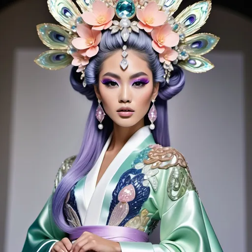 Prompt: Divine Angelic gorgeous feminine goddess Polynesian Hawaiian Balinese Thai Japanese geisha miss japan miss universe extravagant costume with vibrant pastel green bold styled hair and purple eyes in zuhair Murad beaded fitted kimono gown in embellished pearly white pink peach lavender blue gold navy indigo Abalone pastel blue luminous blue topaz platinum silver chrome white pearl opal diamond Swarovski crystal as a Sandro Botticelli full body painting with large Cartier green large royal floral jewels and mother of pearl and green psychedelic abalone emerald chartreuse headdress