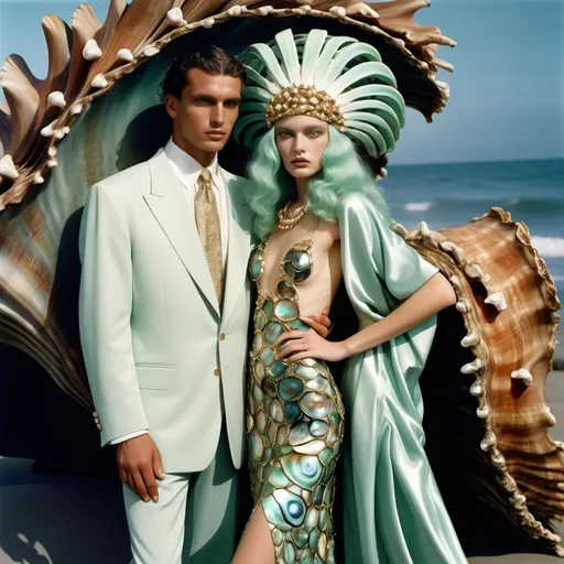 Prompt: Valentino FERRAGAMO Armani 1990's 1920's  seaweed print Hollywood OUTFITS  WITH SHELLS  and gold Cartier accents and abalone on swedish Indian Brazilian slender tall gorgeous female and male model with sea foam green hair as a Sandro Botticelli full body elegant fashion editorial French couple portrait painting featuring two people and with mother of pearl and large abalone SHELL palm headdress with aquamarine and diamonds pearls