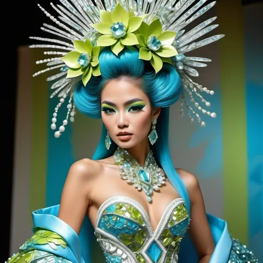 Prompt: Divine Angelic gorgeous feminine goddess Polynesian Hawaiian Balinese Thai Japanese geisha miss japan miss universe extravagant costume with vibrant turquoise styled hair and green eyes in zuhair Murad beaded fitted embellished pearly white blue gold chartreuse lime green pastel blue luminous blue topaz platinum silver chrome white pearl opal diamond Swarovski crystal costume gown as a Sandro Botticelli full body painting with large Cartier royal floral jewels and mother of pearl and white abalone aquamarine headdress with pearls blue lotus