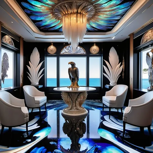 Prompt: 1920's Indian psychedelic Elaborate jewel beaded abalone eagle feathers murals Swarovski black and white and blue and indigo Monaco Indian Dubai Egyptian  yacht dining room with ocean view windows and elegant pearl abalone decor and tall micro orchids as a Sandro Botticelli painting interior design with abalone fire opal floor and large elaborate eagle statue made of fire opal and abalone