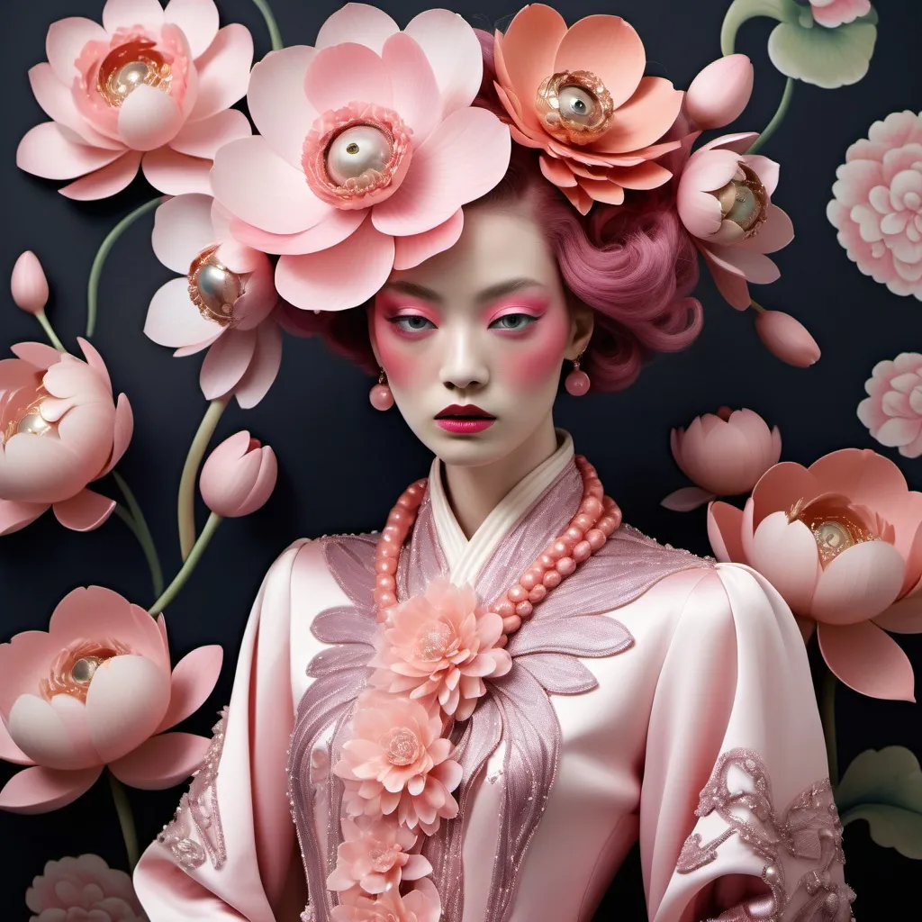 Prompt: Chanel Cartier Armani Gatsby extravagant luxury 1990's 1920's 1940's pink lotus pink peony pink camellia pink dragon chinoiserie white abalone mother of pearl elaborate beaded 1920's Chanel japanese iris van herpen silk penthouse geisha featuring peach lavender and coral hair as a Sandro Botticelli Portrait painting in Georgia o Keefe transcendent psychedelic style