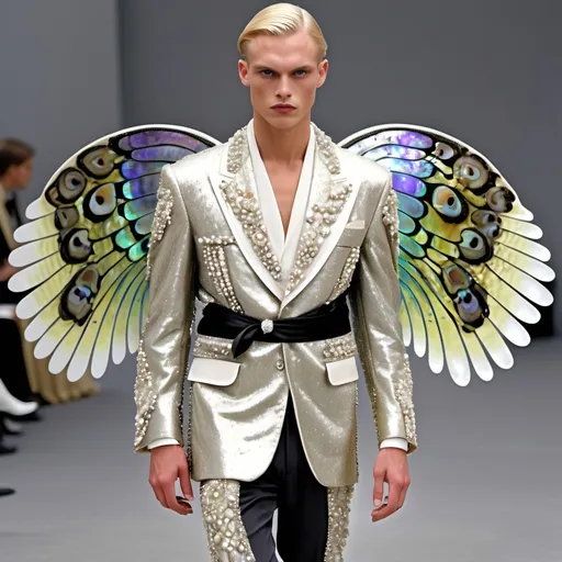 Prompt: Chanel Armani Gatsby extravagant luxury 1990's 1920's 1940's fashion in 
Black and white mother of pearl abalone on swedish Monaco slender tall gorgeous masculine muscular tan stunning male model in elaborate beaded 1920's Chanel japanese fitted kimono iris van herpen silk embroidered suit with chartreuse chrome peach ABALONE ANGEL WINGS and with lavender hair as a Sandro Botticelli Portrait full body painting in Monaco casino