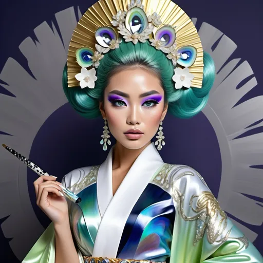 Prompt: Divine Angelic gorgeous feminine goddess Polynesian Hawaiian Balinese Thai Japanese geisha miss japan miss universe extravagant costume with vibrant pastel green bold styled hair and purple eyes in zuhair Murad beaded fitted kimono gown in embellished pearly white blue gold navy indigo Abalone pastel blue luminous blue topaz platinum silver chrome white pearl opal diamond Swarovski crystal as a Sandro Botticelli full body painting with large Cartier green large royal floral jewels and mother of pearl and green psychedelic abalone emerald chartreuse headdress