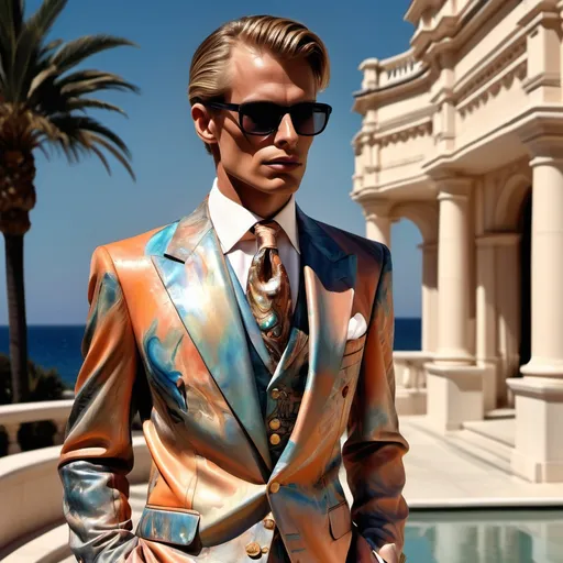 Prompt: Monaco palm beach swedish masculine suit outfit on 1929's 1990's Armani Chanel Hollywood ornate luxury Bulgarian Catalan female and male model painting with luminous pearl abalone peach gold apricot orange burgundy fire opal Jasper psychedelic blue black metallic silver grey platinum watercolor silk hues