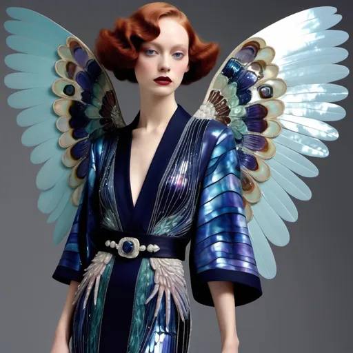 Prompt: Chanel Armani Gatsby extravagant luxury 1990's 1920's 1940's fashion in Navy indigo violet black abalone on swedish Monaco slender tall gorgeous female in elaborate beaded 1920's Chanel japanese fitted kimono  iris van herpen gown with aqua ABALONE ANGEL WINGS and with red hair as a Sandro Botticelli painting portrait featuring two people and with psychedelic large Abalone  background and fire opal abalone goddess headdress with iris flowers