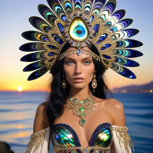 Prompt: a Monaco Bulgarian swedish French gorgeous female model with navy hair and lavish cartier with whimsical gorgeous extravagant  exotic aestheticism,  featuring violet white platinum gold abalone and Mother of pearl vibrant beaded zuhair Murad  ornate Swarovski abalone gown as a Sandro Botticelli island goddess sunset oceanic painting with large Balinese Polynesian Cartier gold  headdress with green abalone