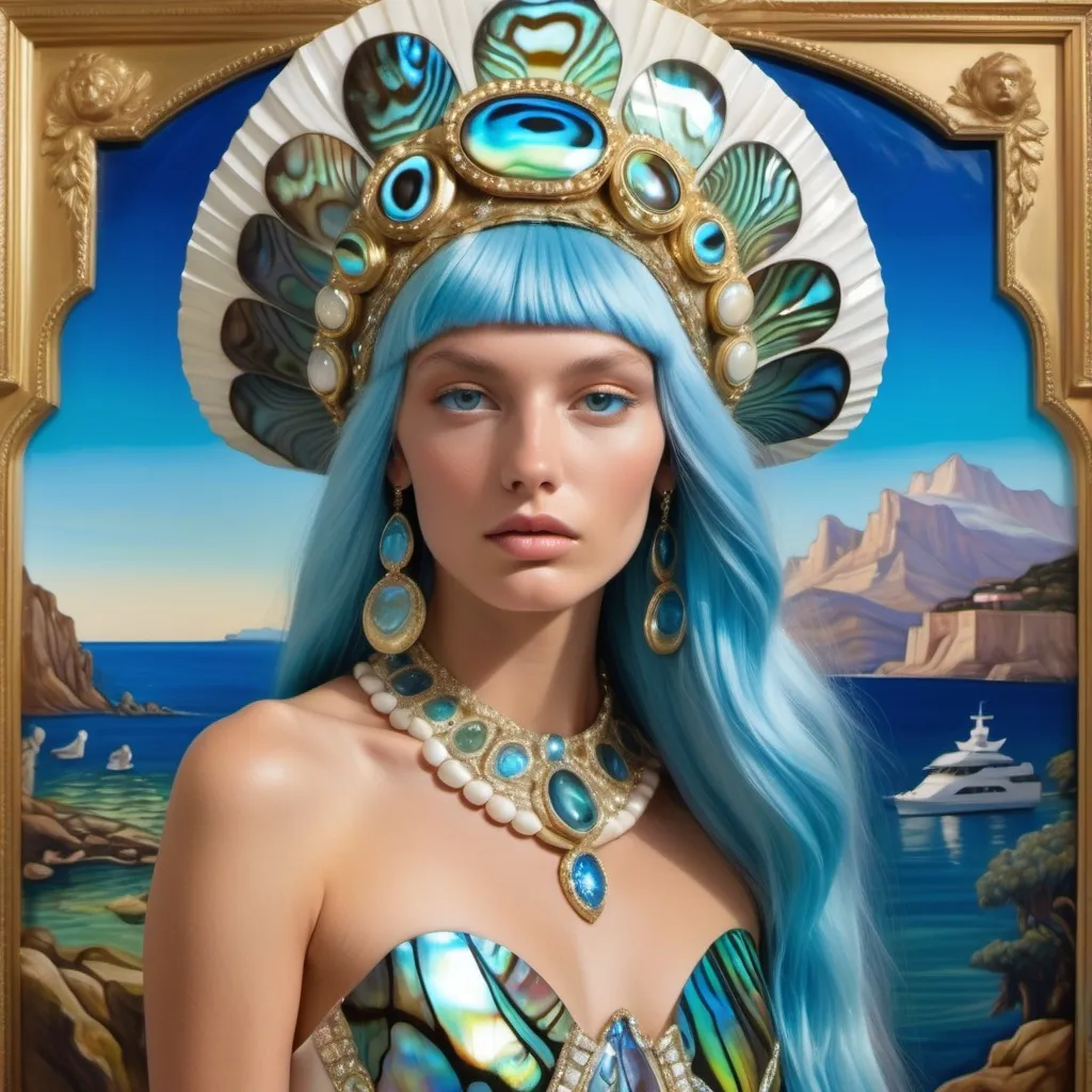 Prompt: Monaco Bulgarian swedish female model with blue hair and lavish cartier with whimsical gorgeous extravagant aestheticism,  featuring blue abalone and Mother of pearl and chartreuse  turquoise emilio pucci Valentino fitted silk gown as a Sandro Botticelli portrait painting with Polynesian Cartier white  abalone headdress with light opal