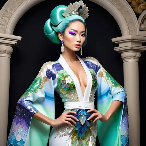 Prompt: Divine Angelic gorgeous feminine goddess Polynesian Hawaiian Balinese Thai Japanese geisha miss japan miss universe extravagant costume with vibrant pastel green bold styled hair and purple eyes in zuhair Murad beaded fitted kimono gown in embellished pearly white blue gold navy indigo Abalone pastel blue luminous blue topaz platinum silver chrome white pearl opal diamond Swarovski crystal as a Sandro Botticelli full body painting with large Cartier green large royal floral jewels and mother of pearl and green psychedelic abalone emerald chartreuse headdress