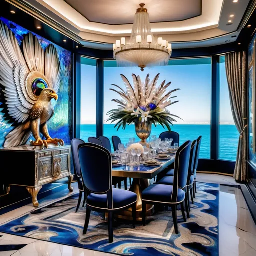 Prompt: 1920's Indian psychedelic Elaborate jewel beaded abalone eagle feathers murals Swarovski black and white and blue and indigo Monaco Indian Dubai Egyptian  yacht dining room with ocean view windows and elegant pearl abalone decor and tall micro orchids as a Sandro Botticelli painting interior design with abalone fire opal floor and large elaborate eagle statue made of fire opal and abalone