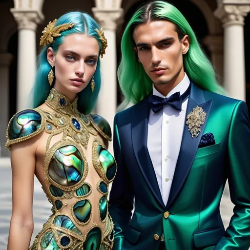 Prompt: a handsome male Catalan  swedish divine sacred male model with green hair and blue abalone Armani suit and a Monaco Bulgarian swedish French gorgeous female model with navy hair and lavish cartier with whimsical gorgeous extravagant  exotic aestheticism,  featuring gold abalone and Mother of pearl and chartreuse vibrant beaded zuhair Murad rami al ali fitted ornate Swarovski abalone gown as a Sandro Botticelli portrait painting with large Balinese Polynesian Cartier gold  headdress with green abalone