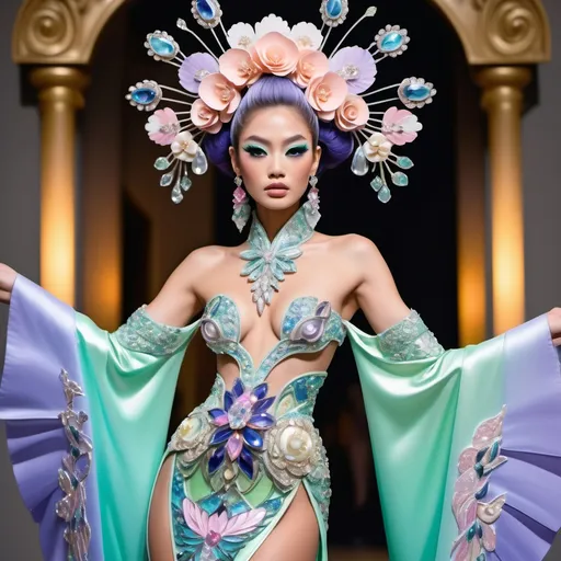 Prompt: Divine Angelic gorgeous feminine goddess Polynesian Hawaiian Balinese Thai Japanese geisha miss japan miss universe extravagant costume with vibrant pastel green bold styled hair and purple eyes in zuhair Murad beaded fitted kimono gown in embellished pearly white pink peach lavender blue gold navy indigo Abalone pastel blue luminous blue topaz platinum silver chrome white pearl opal diamond Swarovski crystal as a Sandro Botticelli full body painting with large Cartier green large royal floral jewels and mother of pearl and green psychedelic abalone emerald chartreuse headdress