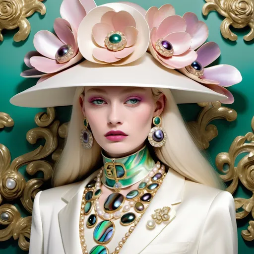 Prompt: Chanel Cartier Gatsby extravagant luxury 1990's 1920's  chinoiserie white shiny luminous abalone mother of pearl elaborate silk white platinum gold penthouse fashion with green abalone and featuring pink violet jade chartreuse pearl diamond blue black and floral calligraphy art as a Sandro Botticelli painting in Georgia o Keefe transcendent psychedelic style