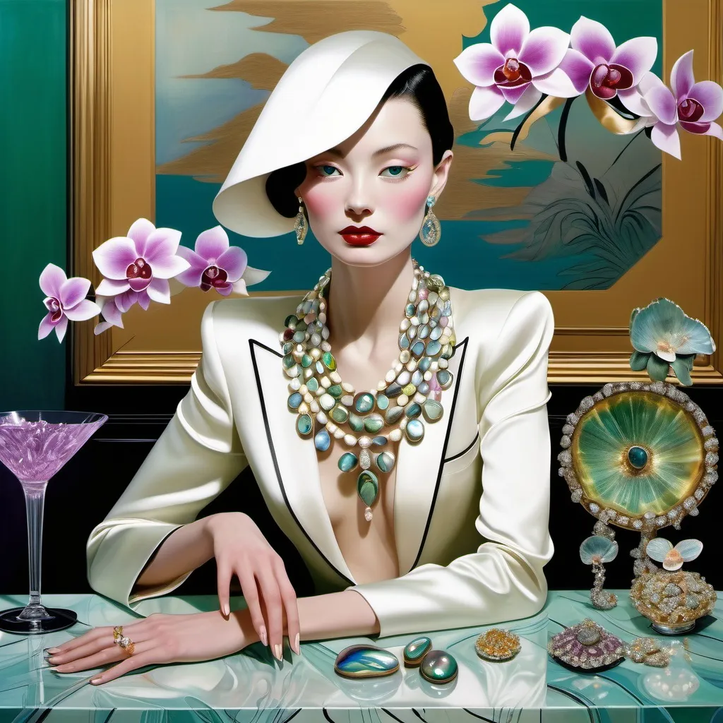 Prompt: Cartier Gatsby extravagant luxury 1990's 1920's  chinoiserie white shiny luminous abalone mother of pearl elaborate silk white platinum gold penthouse martini model in bar room with micro orchids with yellow coral green abalone and featuring pink violet jade chartreuse pearl diamond blue black and floral calligraphy art as a Sandro Botticelli painting in transcendent psychedelic style