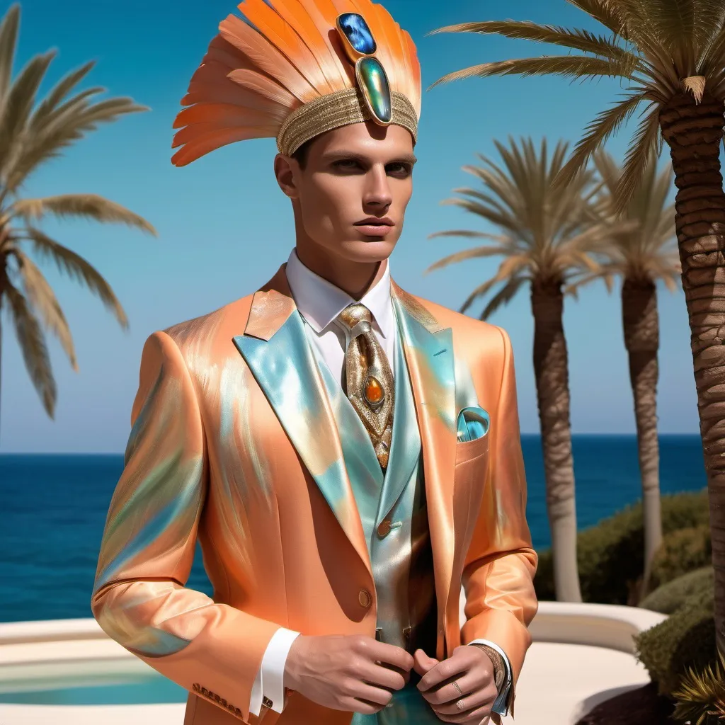 Prompt: Monaco palm beach Egyptian swedish masculine suit outfit on 1929's 1990's Armani Chanel Hollywood ornate luxury Egyptian Catalan male model painting with luminous pearl abalone peach gold apricot orange burgundy fire opal Jasper psychedelic blue yellow green metallic silver grey platinum watercolor silk hues with vegas showgirls in headdresses posing