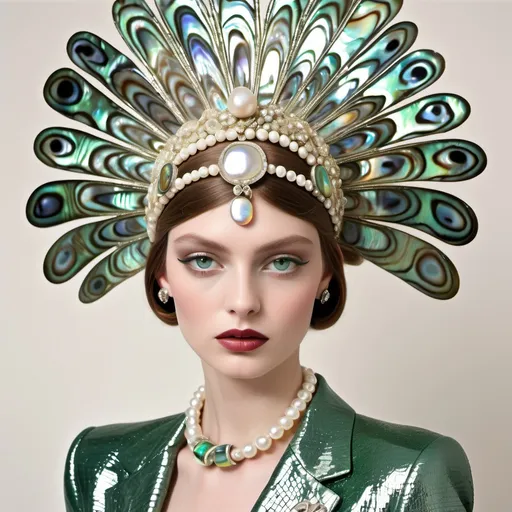 Prompt: Luxury 1920's 1990's 1950's Chanel palm beach Hollywood green Abalone green opal goddess with fitted sleek Armani pan am outfits  platinum white and luminous abalone pearl hues and  mother of pearl stones and SWAROVSKI CRYSTAL crown flirtatious sultry as a Sandro Botticelli full body couples portrait abalone green opal raffia headdress with handsome masculine swedish male model with Green hair in luxury crystal abalone silk LUMINOUS suit