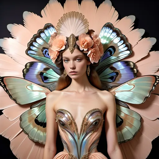 Prompt: Fitted zuhair Murad silk gown featuring peach apricot lavender black iris van herpen butterfly wings in center of back as a Sandro Botticelli  
Full body portrait painting with a large   Cartier abalone headdress on 1970's 1920's palm Beach Hollywood swedish French model with updo hair