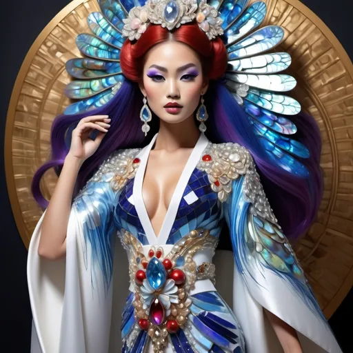 Prompt: Divine Angelic gorgeous feminine goddess Polynesian Hawaiian Balinese Thai Japanese geisha miss japan miss universe extravagant costume with vibrant red styled hair and purple eyes in zuhair Murad beaded fitted kimono gown in embellished pearly white blue gold navy indigo Abalone pastel blue luminous blue topaz platinum silver chrome white pearl opal diamond Swarovski crystal as a Sandro Botticelli full body painting with large Cartier royal floral jewels and mother of pearl and white abalone aquamarine emerald citronite chartreuse micro orchid headdress with pearls blue lotus