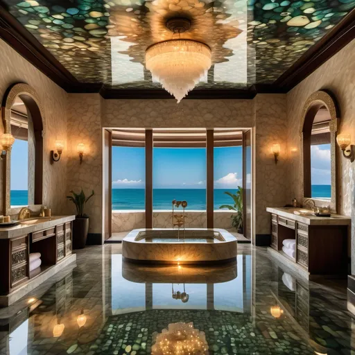 Prompt: An extravagant Turkish Mediterranean Portuguese Balinese Indian luxury mansion spa room that has pearls showering from the ceiling into a fountain and abalone covered walls and mother of pearl floors and micro orchids as a Sandro Botticelli painting with ocean views