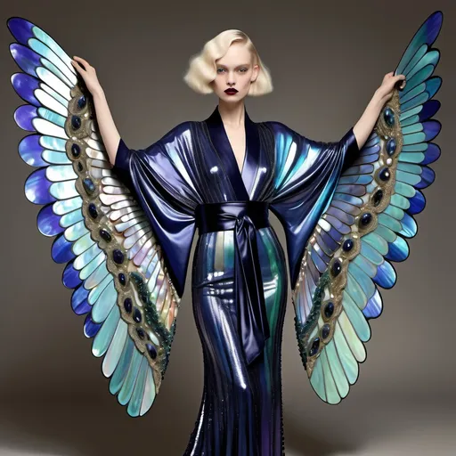 Prompt: Chanel Armani Gatsby extravagant luxury 1990's 1920's 1940's fashion in Navy indigo violet black abalone on swedish Monaco slender tall gorgeous female in elaborate beaded 1920's Chanel japanese fitted kimono  iris van herpen gown with aqua ABALONE ANGEL WINGS and with platinum blonde hair as a Sandro Botticelli painting portrait featuring two people and with psychedelic large Abalone  background and fire opal abalone goddess headdress with iris flowers