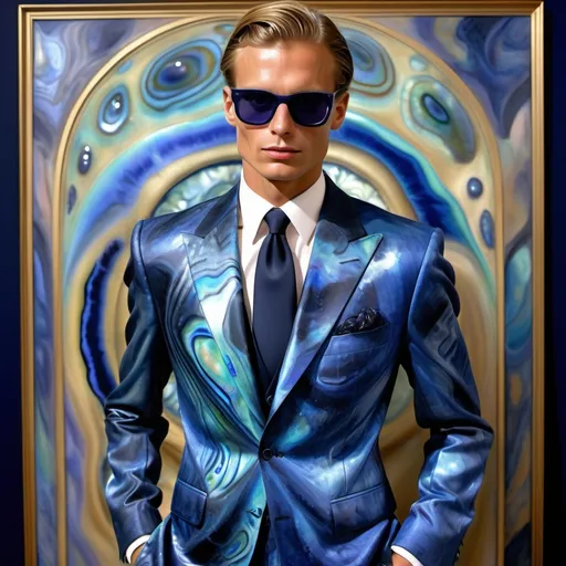 Prompt: Monaco palm beach swedish masculine suit outfit on 1929's 1990's Armani Chanel Hollywood ornate luxury Bulgarian Catalan female and male model painting with luminous pearl abalone psychedelic blue black metallic indigo navy splatinum watercolor silk hues