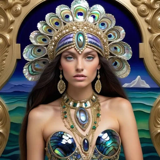 Prompt: a Monaco Bulgarian swedish French gorgeous female model with navy hair and lavish cartier with whimsical gorgeous extravagant  exotic aestheticism,  featuring violet white platinum gold abalone and Mother of pearl vibrant beaded zuhair Murad  ornate Swarovski abalone gown as a Sandro Botticelli portrait painting with large Balinese Polynesian Cartier gold  headdress with green abalone