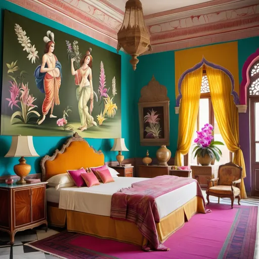 Prompt: Bright vibrant indian silks in a colorful Jaipur India royal exotic mansion bedroom with orchids and tropical flowers admirals on the walls as a Sandro Botticelli painting